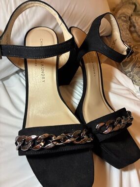 Chinese Laundry Black Block Heel Sandals with Silver Chain